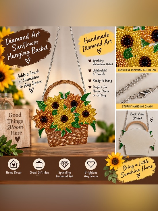 Handcrafted Other - Sunflower Diamond Art Hanging Basket Decor Sealed